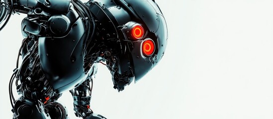 Poster - Close up view of a 3D illustration featuring a walking apocalyptic robot against a white background