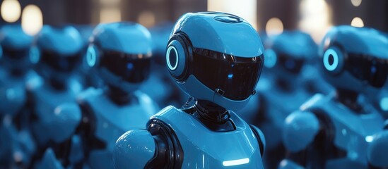 Poster - 3D rendering of a collection of blue robotic assistants or AI robots