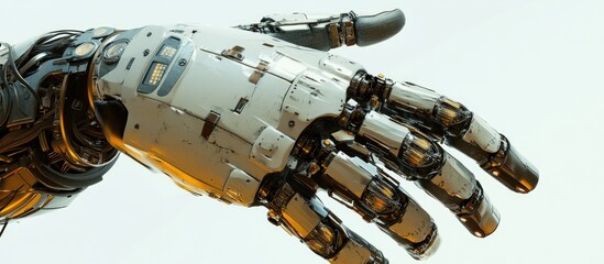 Poster - Close up of a hand from a large robot against a white background featuring a detailed 3D illustration