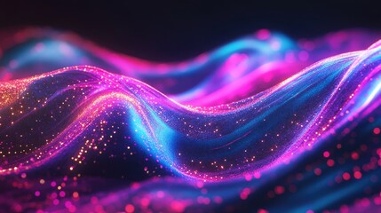 Poster - abstract 3d render of a fluid holographic neon wave in motion against a dark background gradient des