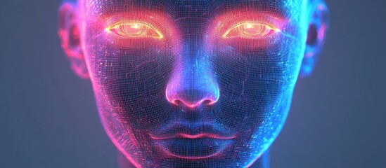 Poster - 3D wireframe illustration of a glowing young female face on a gray backdrop symbolizing technology cyborgs digital avatars and futuristic science fiction concepts
