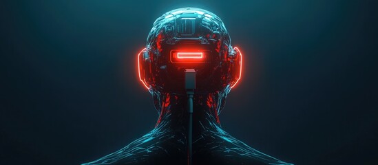 Poster - Rear view of a cyborg with a USB cable attached to its head featuring neon lighting and space for text 3D rendering