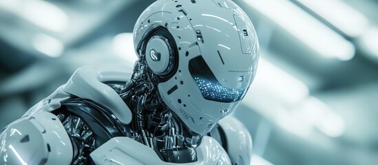 Poster - 3D render of a robotic cyborg on a soft focus backdrop showcasing advancements in technology and automation
