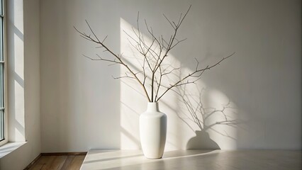 Wall Mural - Minimalist room with a tall branch in a vase.