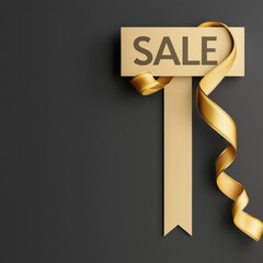 Golden sale sign with elegant ribbon on a dark background, perfect for promotional materials and advertisements.