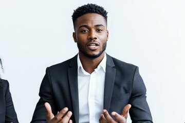 Young African Businessman in Black Suit Giving Presentation on White Background