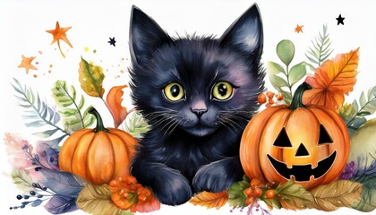 Set of cute black kitten cat with Halloween's Day elements. Isolated on white background. Can be used for Halloween's day, greeting cards and invitations. Hand drawn watercolor	