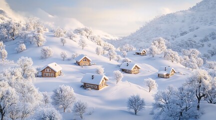 Wall Mural - Winter Wonderland: Snow-Covered Cabins in a Serene Forest Landscape