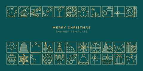 Wall Mural - Merry Christmas Happy New Year greeting banner with gold line geometric icons. Luxury xmas design, poster template, background