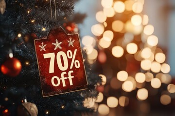 Wall Mural - Festive Christmas tree with a 70% off sale sign, sparkling holiday lights bringing a joyful cheer to the holiday shopping season.