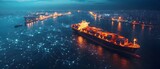 Aerial view of a bustling maritime trade hub with a container ship and cargo vessels illuminated at night showcasing the global shipping and logistics network that connects worldwide markets