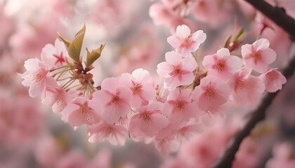 Delicate pink cherry blossoms in full bloom with a dreamy, blurred backdrop