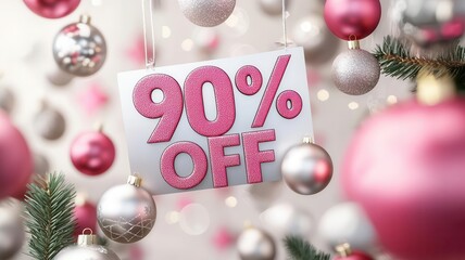 Wall Mural - Festive sale sign displaying 90% off, surrounded by beautiful holiday ornaments, perfect for Christmas marketing materials.