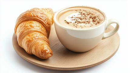 A cup of cappuccino and croissant set in wooden table.