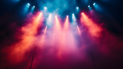 Poster - Intense spotlights illuminate a captivating rock concert stage creating a high energy vibe with vibrant smoke effects dramatic contrasts and a sense of visual spectacle