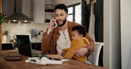 Aufkleber - Phone call, remote work and father with child in home kitchen for freelance, business and startup. Family, childcare and dad with baby by laptop with schedule discussion, planning and online project