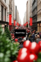 Wall Mural - Black Friday promotions, Christmas-themed retail displays, busy crowd, 3D illustration