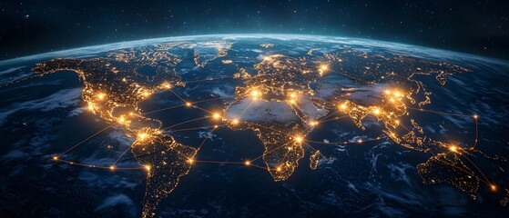 Poster - Aerial view of an illuminated global network of trade routes and shipping lanes connecting international markets and cities across continents and oceans at night  Concept of worldwide logistics