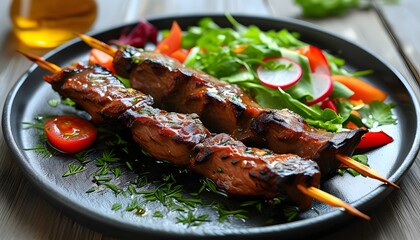 Wall Mural - Delicious charcoal kebabs, charred on the outside and tender on the inside, paired with fresh vegetable salad, a mouth-watering dish.