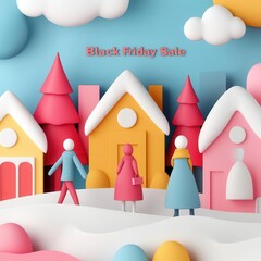 Wall Mural - Holiday discount banners, shoppers in a winter wonderland, 3D illustration