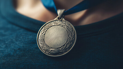 Golden Medal on Chest with Intricate Engravings and Ribbon Highlighted in Soft Natural Light