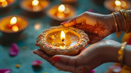 Woman Hands Holding Lit Diya Lamp During Diwali Festival