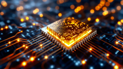 Poster - A close view of a vibrant microchip showcasing its illuminated patterns on a circuit board, surrounded by intricate electronic connections in a dark setting