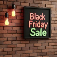 Wall Mural - Bright neon sign displaying a Black Friday sale, perfect for retail promotions and advertising holiday deals on a brick background.