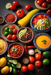 vibrant mexican meal ingredients displayed colorful background fresh traditional staples culinary delight, produce, spices, herbs, tomatoes, peppers, onions