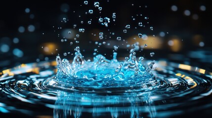 Poster - A single droplet plunges into a tranquil pool, sending ripples across the surface and creating a stunning display of water droplets scattering in the air