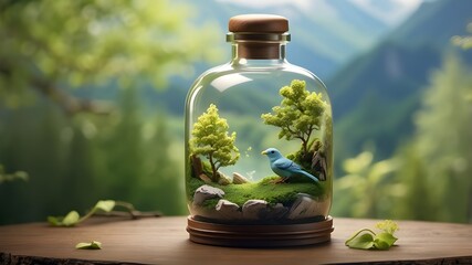 cute bird in bottle lanscape