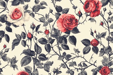 A classic vintage floral design with roses and leaves on a light background