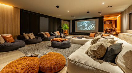 Wall Mural - A cozy living room designed for movie nights, with comfy seats to relax in.