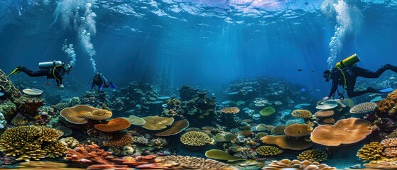 Exploring the Vibrant Deep Reef: Divers Amidst Stunning Underwater Landscape