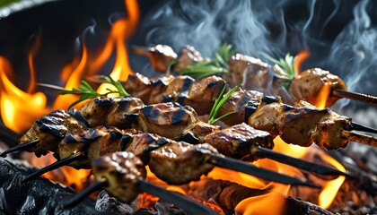 Wall Mural - The mutton kebabs and chicken kebabs on the charcoal barbecue grill are surrounded by smoke and the flames jump, roasting them to a golden delicious taste.