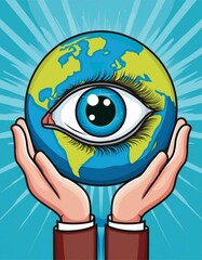 world sight day blue eye and earth holding hands cartoon vector illustration