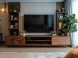 © Amara - Modern Living Room Wooden Entertainment Center with TV Plants and Bookshelves Wide Angle Perspective