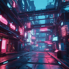 Neon-lit streets in a futuristic cyberpunk metropolis