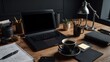 © JohnDesignHub - Organized home office workspace with laptop and coffee on wooden desk.