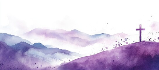 Watercolor painting with a purple and white background, featuring a small cross on the right side of the image Generative AI