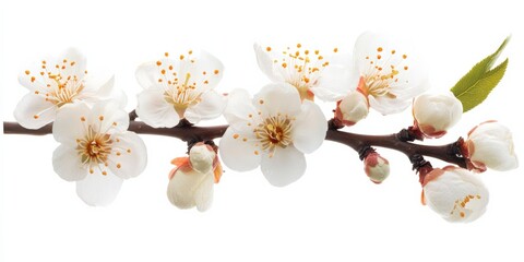 Apricot Blossom. White Spring Blossom Isolated on White Background, Botanical Illustration