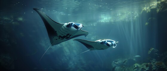 Graceful Pair of Manta Rays Gliding Through the Ocean Depths