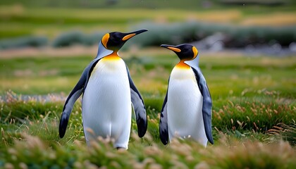 Intimate encounter between two King penguins strolling gracefully on lush green grass