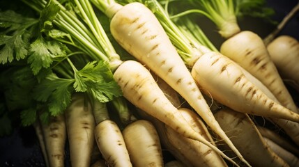 Wall Mural - Pile of fresh radish parsnips with glistening droplets of water. Advertising photography. Neural network ai generated art