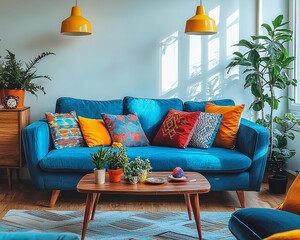 Sunlit Living Room Blue Sofa Colorful Pillows Wooden Table Plant