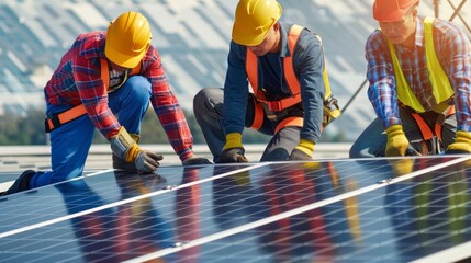 Wall Mural - Workers installing solar panels on a commercial building, highlighting the hands-on aspect of renewable energy projects, with a focus on teamwork and modern construction techniques, with copy space