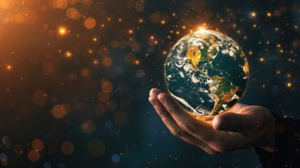 Wall Mural - Hand Holding Earth Globe with Golden Light and Bokeh Background
