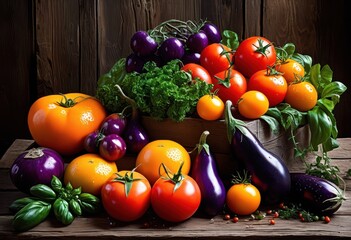 Canvas Print - colorful display fresh fruits vegetables harvested from local farms arranged rustic wooden surface, apples, berries, bright, carrots, citrus, cucumbers