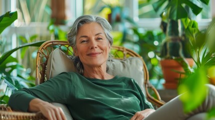 Middle-aged woman relaxing in a beautifully decorated sunroom, surrounded by plants and natural light, with a serene expression and a calming atmosphere, copy space for text