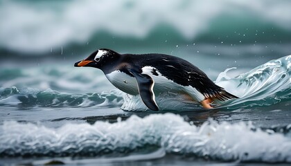 Poster - Gentoo penguins gracefully diving amidst towering waves along the stunning coast of the Falkland Islands